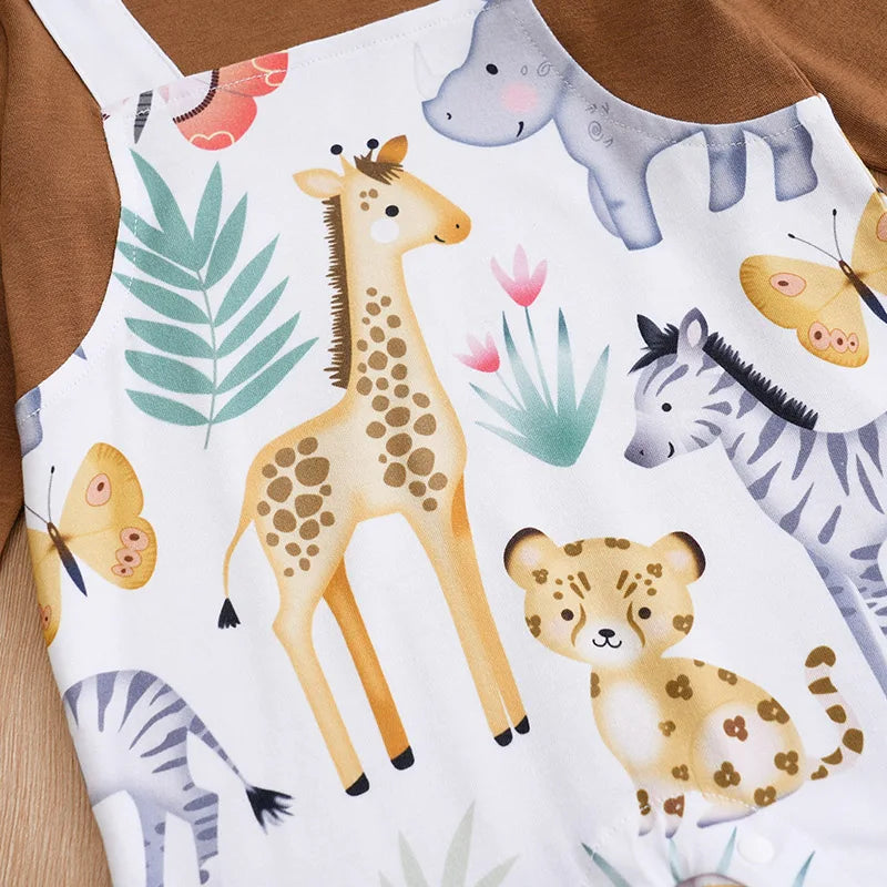 Spring and Autumn Boys and Girls Cute Cartoon Animal Full Print Strap Long Sleeve Baby Bodysuit