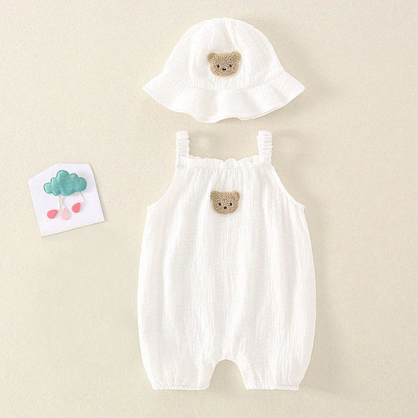 2PCS Summer Baby Clothes Set with Cap Toddler One Piece Cute Bear Sling Romper Fisherman Hat Infant Girl Boy Jumpsuit Outfit