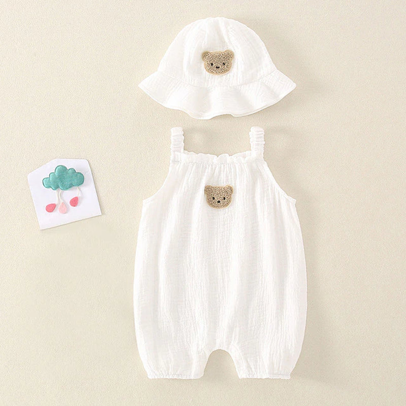 2PCS Summer Baby Clothes Set with Cap Toddler One Piece Cute Bear Sling Romper Fisherman Hat Infant Girl Boy Jumpsuit Outfit