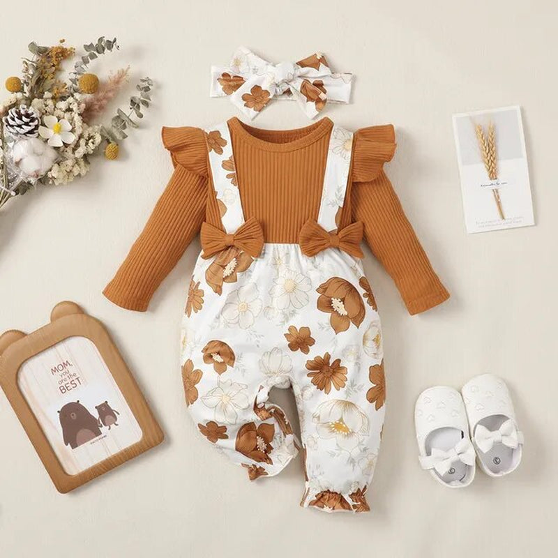 0-2-Year-Old Newborn Girls Rompers Spring Autumn Brown Long-Sleeved Stitching Flower Print 2PCS Baby Clothing