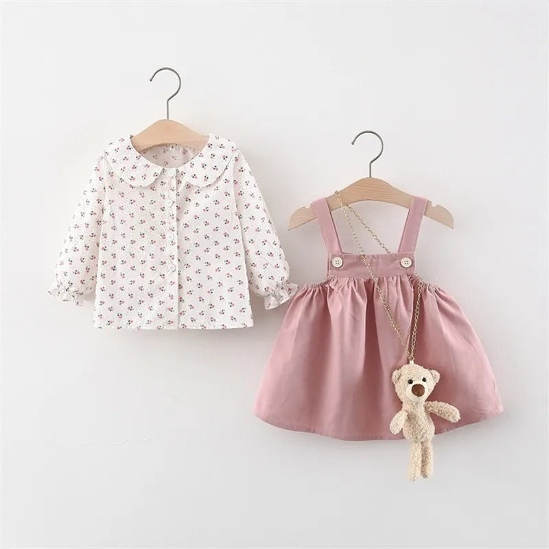 2023 Autumn Baby Girls Clothes Outfits Toddler Princess Flower T-Shirt+ Strap Dress Suits for Girls Clothing 1 Year Birthday Set