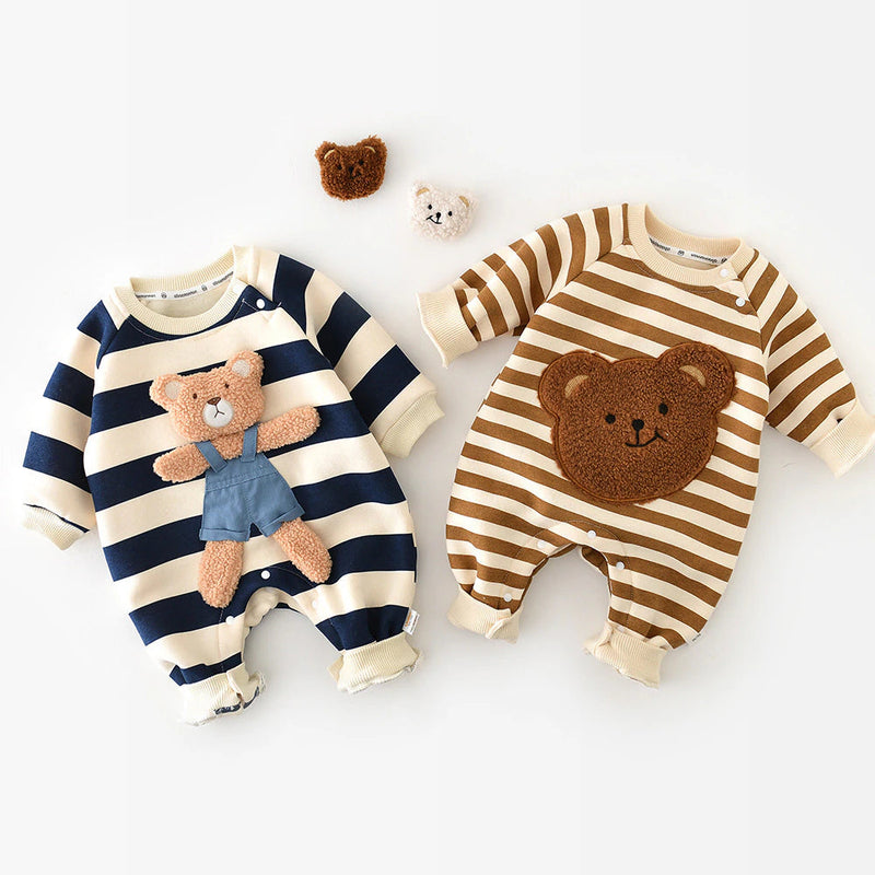 Baby Rompers Thicken Lining Boys Clothes Striped Girls Jumpsuits Bear Outfit