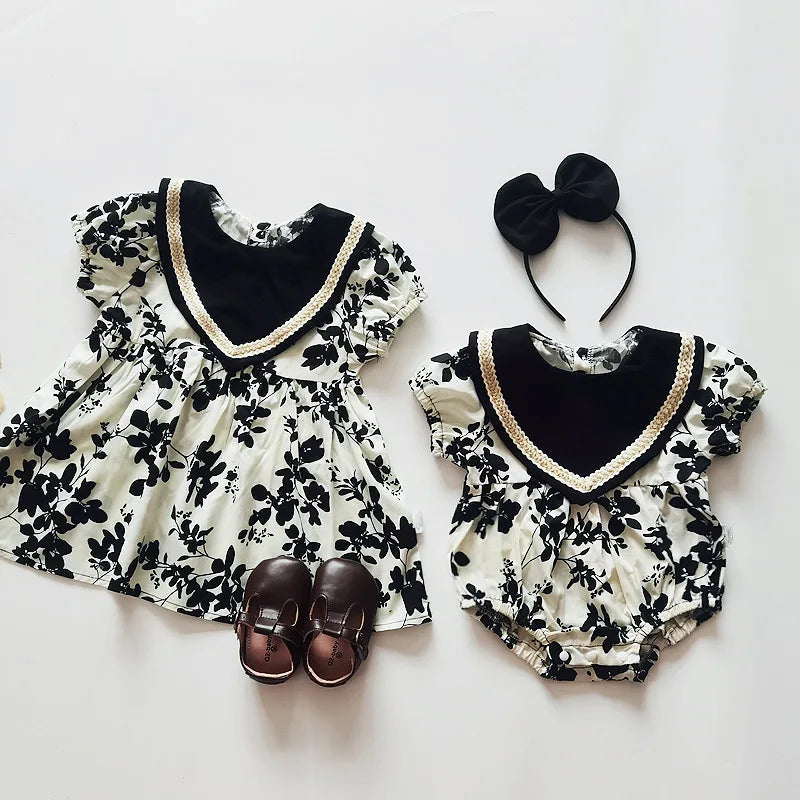 New Summer Family Matching Outfits Short Puff Sleeves Bodysuit+Print round Collar Princess Dress Twins Girl Thin Clothes H2022