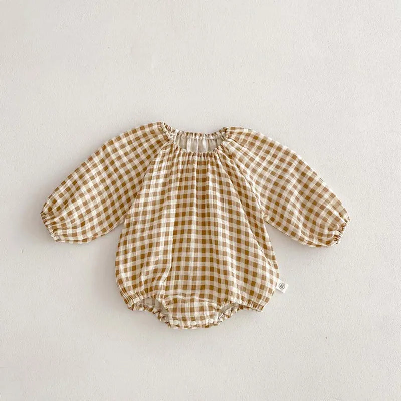 Fato De Banho De Manga Comprida Baby Long Sleeve Body Soft Plaid Love Print Girls Romper Clothes 0-2 Anos De Idade