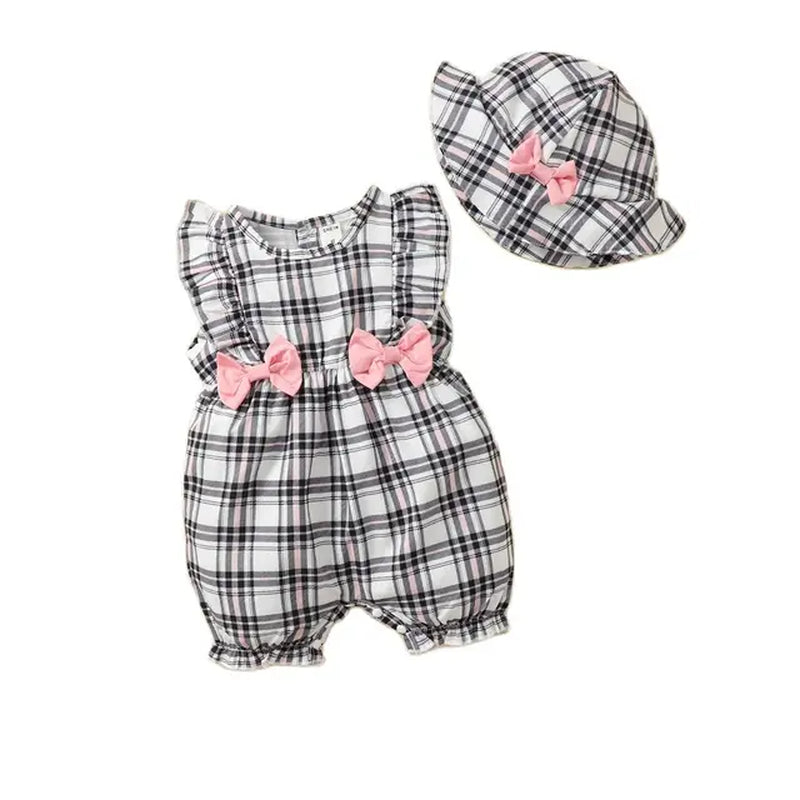 0-18Months Newborn Baby Girl Clothes Cute Plaid Design Summer Romper +Hat 2Pcs Suit Fashion Holiday Clothing for Toddler Girl