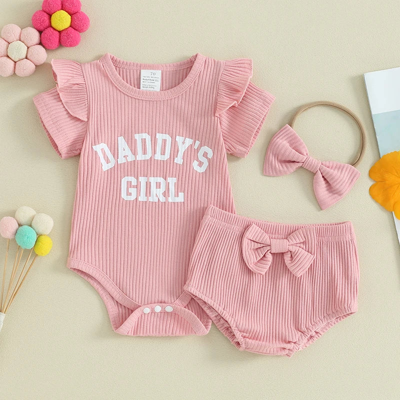 Baby Clothing Girls Summer Outfits Letter Print Ribbed Short Sleeve Romper and Shorts Cute Headband 3 Piece Clothes Newborn Set