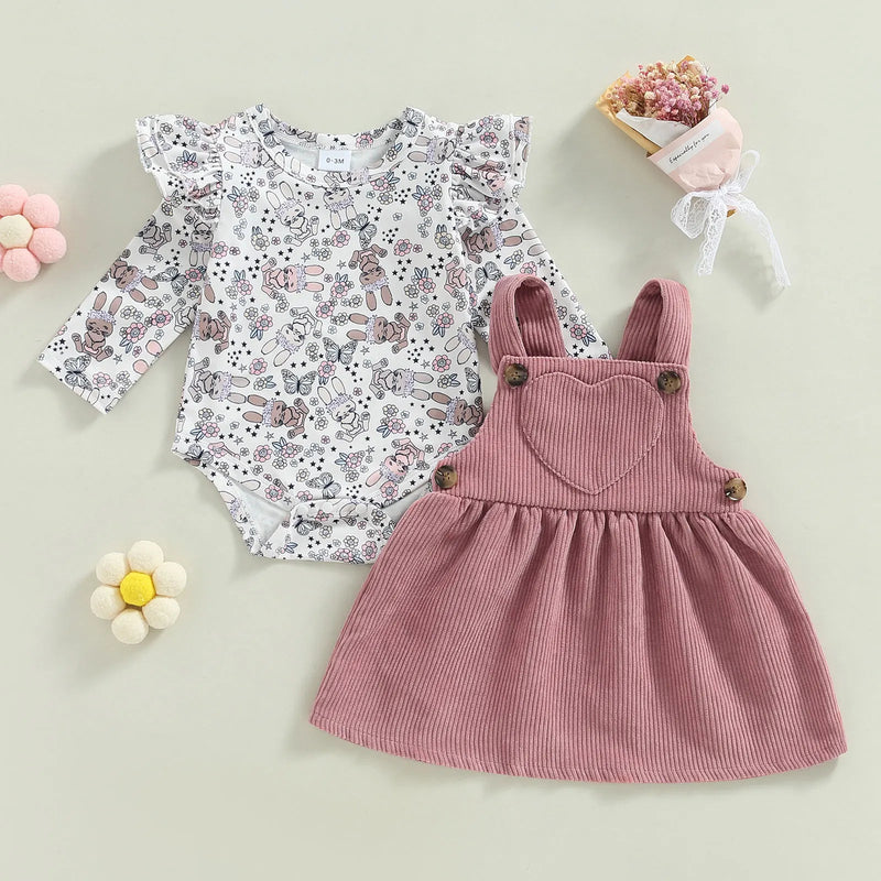 Infant Newborn Baby Girls Dress 2Pcs Set, Long Sleeve Rabbit Flower Print Romper + Heart Patchwork Suspender Dress