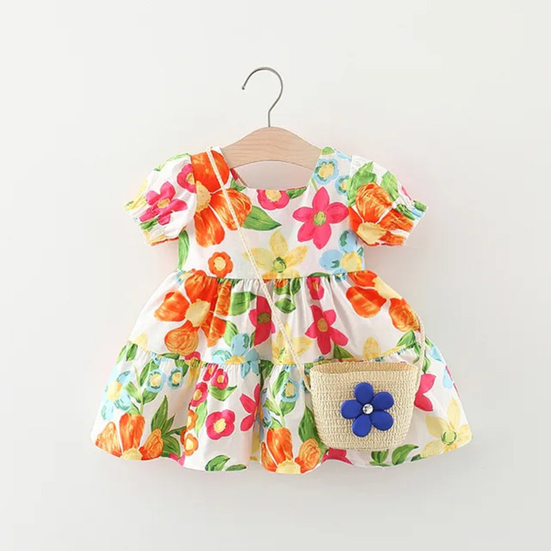 2 Pieces/Set Free Woven Bag 2023 New Summer Baby Girl Dress Tropical Print Beach Ins Short Sleeve Daily Wear