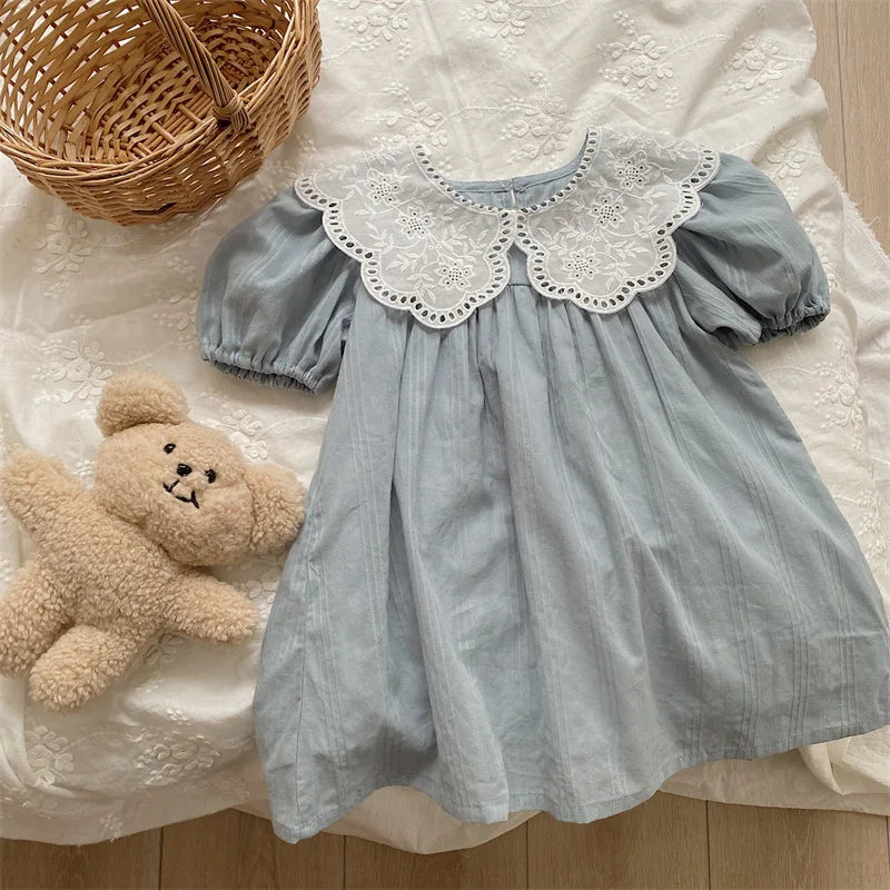 2024 New Summer Baby Girls Princess Dresses Short Sleeve Korean Style Lace Collar Toddlers Kids Cotton Cute Dress