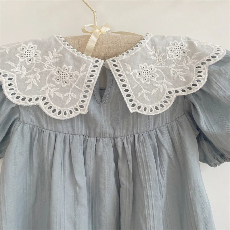 2024 New Summer Baby Girls Princess Dresses Short Sleeve Korean Style Lace Collar Toddlers Kids Cotton Cute Dress