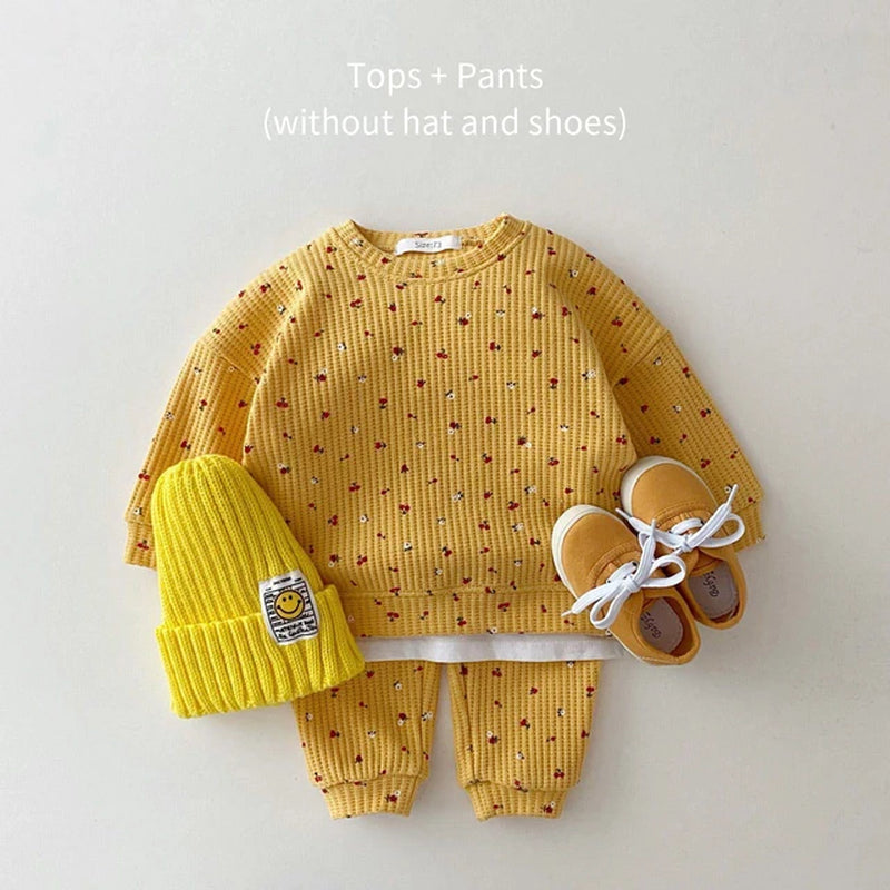 2024 New Toddler Kids Waffle Cotton Clothes Set Many Fruits Print Sweatshirt + Casual Pants 2Pcs Boys Suit Baby Girl Outfits