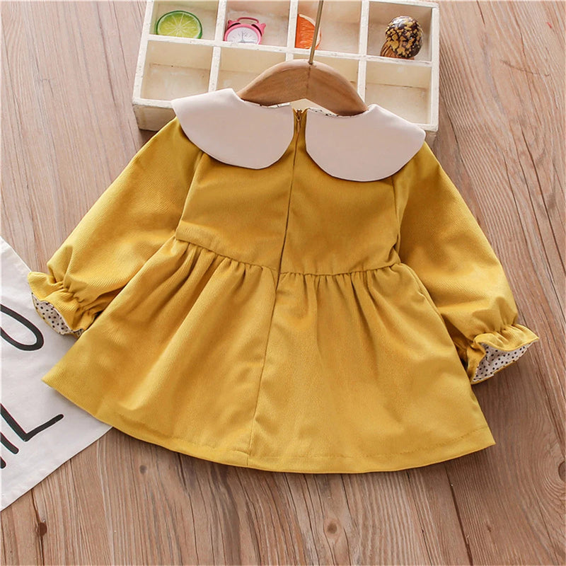 Spring and Autumn Baby Girl'S Daily Dress with Hu Duo Embroidered Doll Collar Color Block Long Sleeves Sweet and Simple Korean