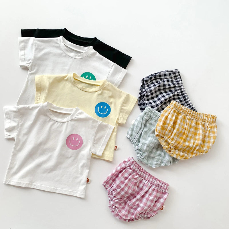 Girls Boys Cotton Smile Face Short Sleeve T-Shirt + Plaid Shorts Two-Pieces Suit Summer Baby Clothes Set