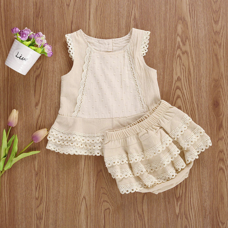 Summer New Baby Girls Outfit Clothes Cute Princess Sleeveless Lace Vest Tops+Layered Hem Tiered Skirts Panty Suit for Toddler