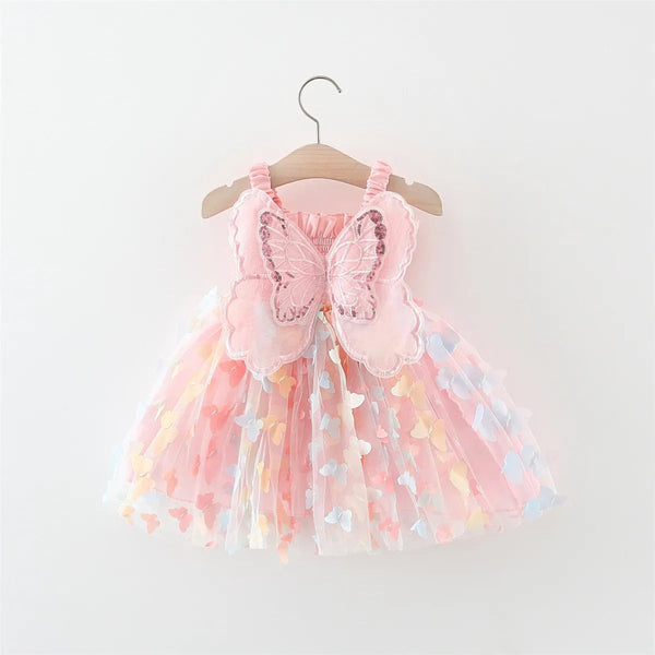 Summer Girls' Princess Party Birthday Dress Back Bow Wings Fairy Strap Embroidered Butterfly Mesh Dress