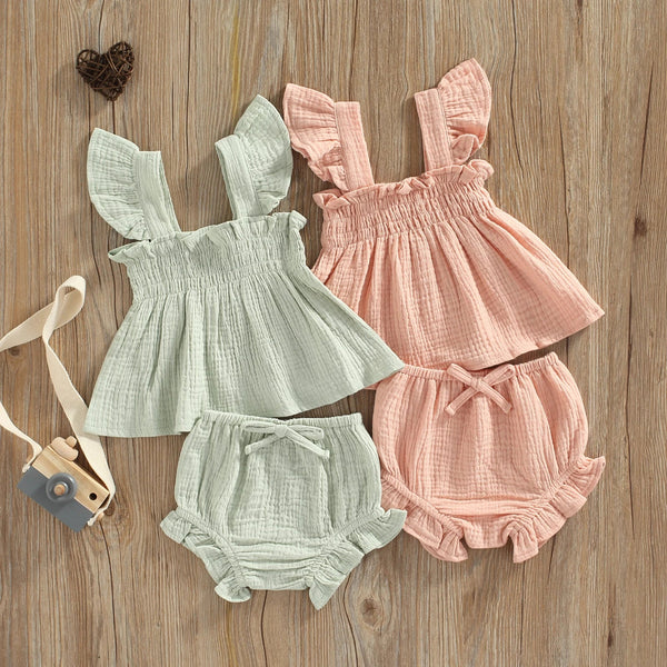 Summer 2023 Baby Girls Suit Set Solid Cotton Linen Casual Square Neck Fly Sleeve Tops+Ruffle Shorts Clothes for Toddler Infant