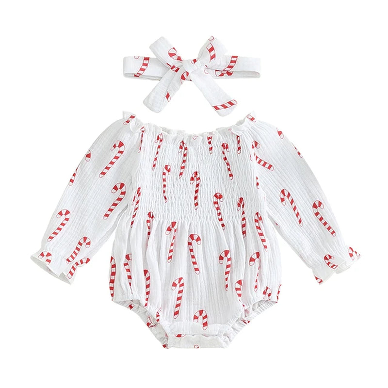 Infant Baby Girls Valentine'S Day Romper Heart Print Long Sleeve Boat Neck Jumpsuits Spring Fall Bodysuits with Headband