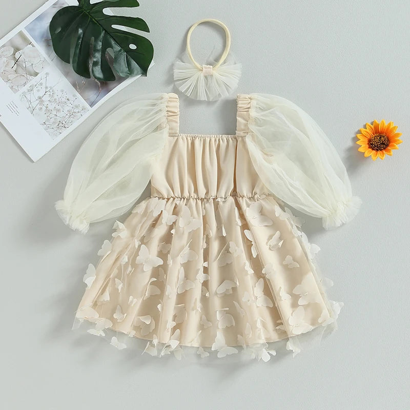 Toddler Baby Girls A-Line Dress Outfits Butterfly Princess Mesh Long Puff Sleeves Dress Headband Kids Party Birthday Clothes