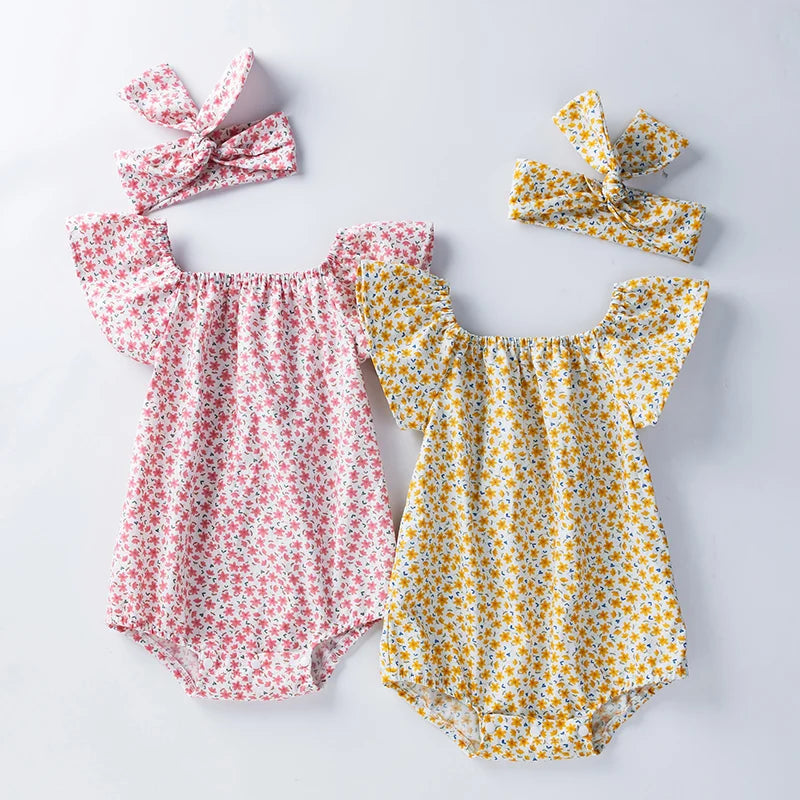 Newborn Baby Girls Sleeve Floral Romper 0-12M Short Sleeve Romper + Headband 2Pcs for Girls