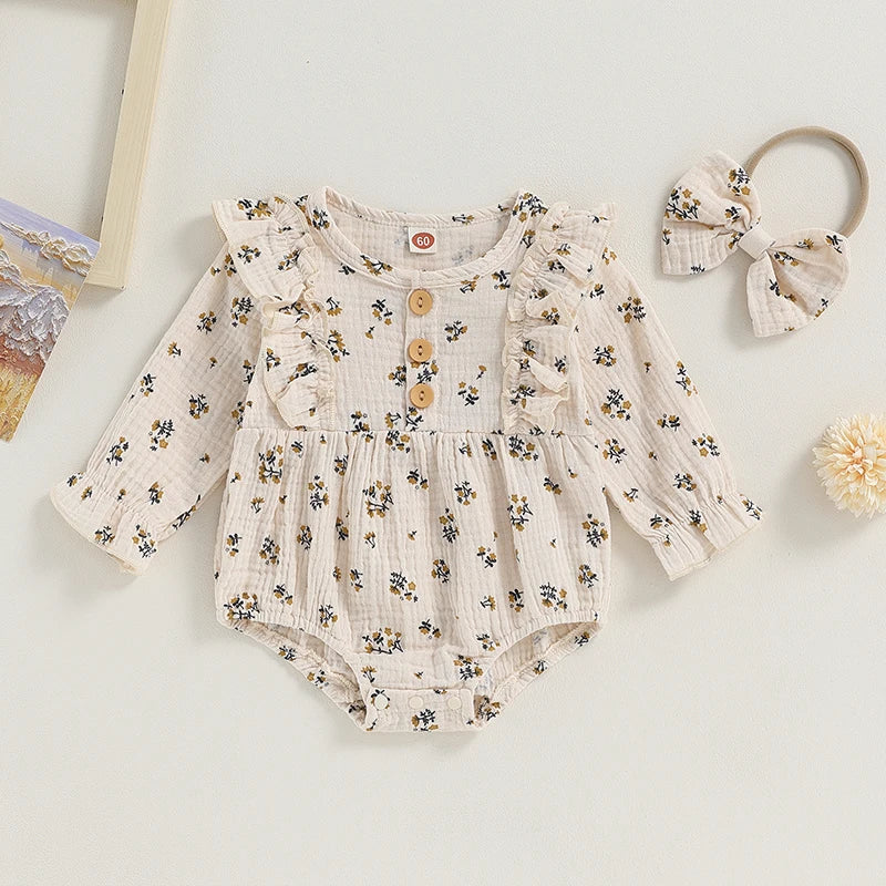 Baby Girls Flower Romper Long Sleeve Crew Neck Ruffle Floral Print Princess Clothes Fall Bodysuit with Headband Outfit