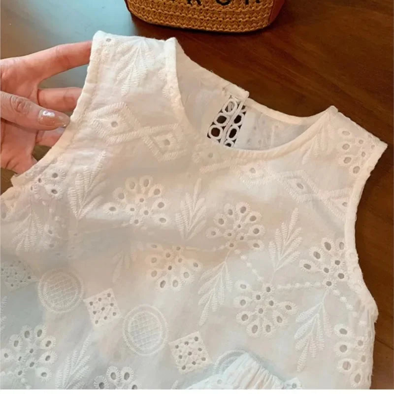 2023 Summer Children Baby Girl 2PC Clothes Set Cotton Hollow Lace Sleeveless Vest Elastic Waist Shorts Suit Toddler Girls Outfit