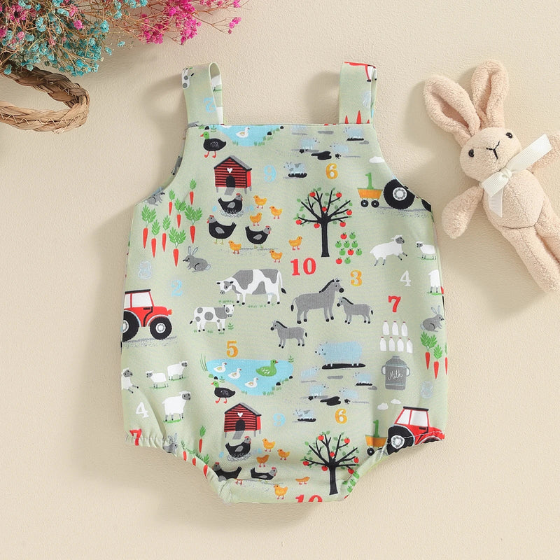 0-12M Newborn Baby Boys Girls Cute Romper Sleeveless Farm Animal Print Overalls Jumpsuits Summer Outfit