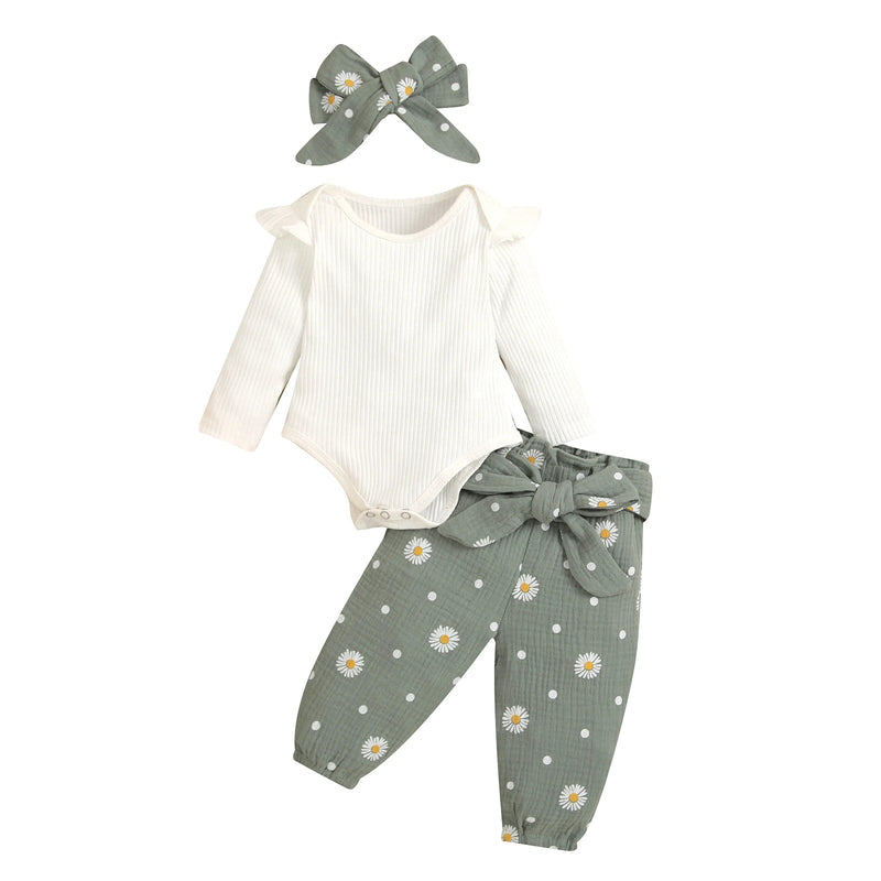 Infant Baby Girls 3PCS Romper Suit, Long Sleeve Plain Ribbed Snap Romper + Daisies Ruched Long Pants with Belt + Bow Headband