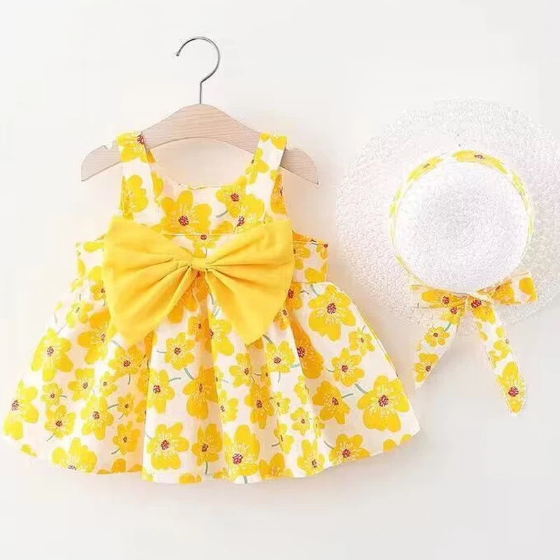 New Girl Floral Dress Sweet Summer Bow Toddler Beach Dress for Children Aged 0 to 3 Newborn Clothing+Hat Set of 2 Pieces