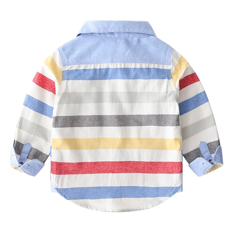 2023 Spring Autumn 2-8 10 12 Years Long Sleeve Pocket Colorful Striped Color Patchwork Cotton Baby Kids Boy Shirts for Children