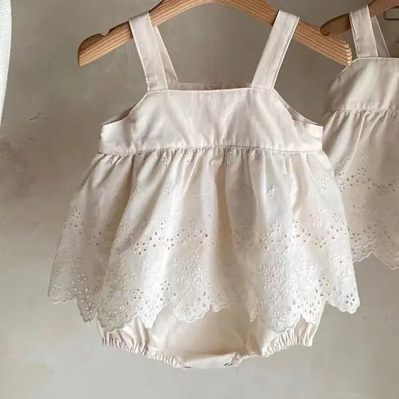 2024 Summer New Baby Girl Short Puff Sleeve Rompers Solid Newborn Clothes Girls Jumpsuit Square Neck Embroidery Bubble Romper