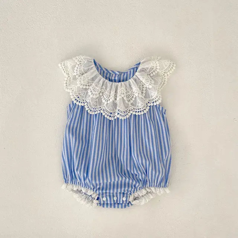 INS Summer New Product Baby and Children'S Bodysuit Girl Baby Cotton Versatile Stripe Large Lace Collar Triangle Romper Creeper