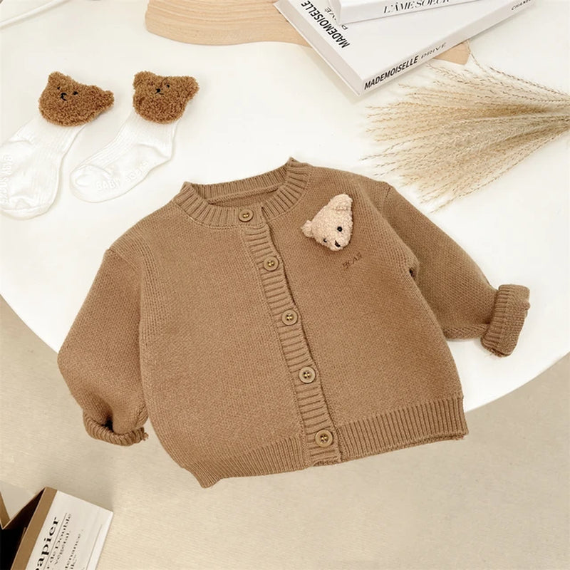 Newborn Baby Girls/Boys Spring and Autumn Knitted Coat Cute Korean O-Neck Travel Cartoon Bear Long Sleeved Fashion Soft Casual