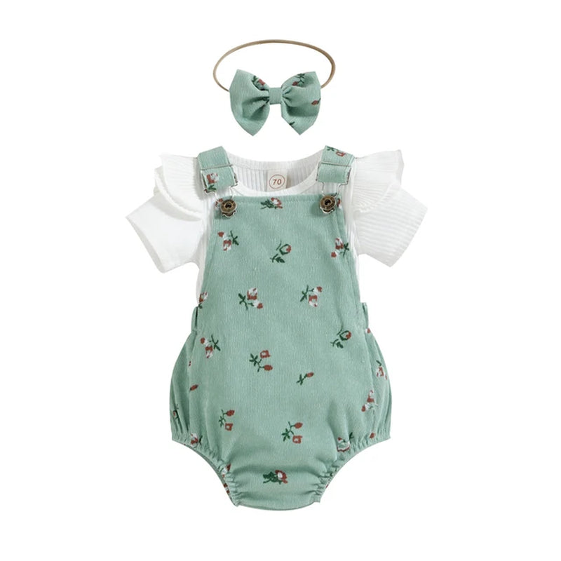 Infant Baby Girl Summer Clothes, Solid Color Fly Sleeve round Neck Tops + Flower Pattern Suspender Jumpsuit + Bow Headband