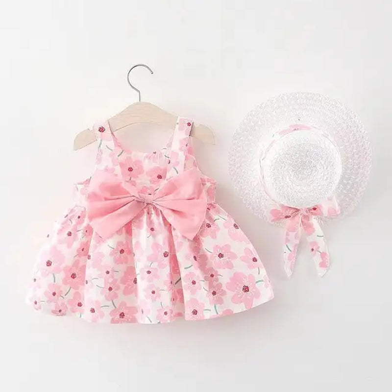 New Girl Floral Dress Sweet Summer Bow Toddler Beach Dress for Children Aged 0 to 3 Newborn Clothing+Hat Set of 2 Pieces