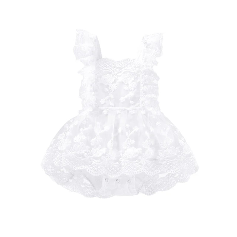 Baby Girls Princess Romper Plain Floral Lace Embroidery Skirt Layered Adjustable Straps Snap Bottom Jumpsuit