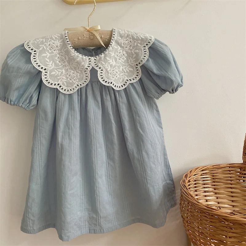 2024 New Summer Baby Girls Princess Dresses Short Sleeve Korean Style Lace Collar Toddlers Kids Cotton Cute Dress