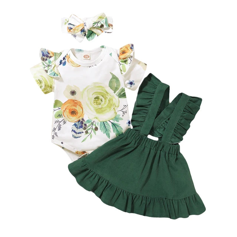 Newborn Baby Girl Clothes Set Cotton Floral Fly Sleeve Romper Solid Ruffle Strap Skirt Bowknot Headband 3 PCS Outfit