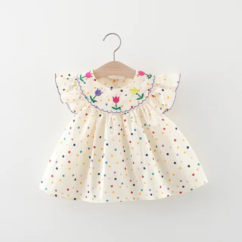 New Cute Girl'S Dress Sweet Rose Embroidered Small round Dots Korean Version Loose Bubble Sleeve Cotton Beach Skirt