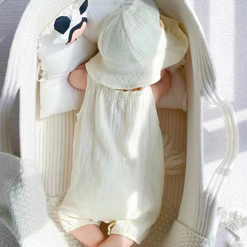 2PCS Summer Baby Clothes Set with Cap Toddler One Piece Cute Bear Sling Romper Fisherman Hat Infant Girl Boy Jumpsuit Outfit