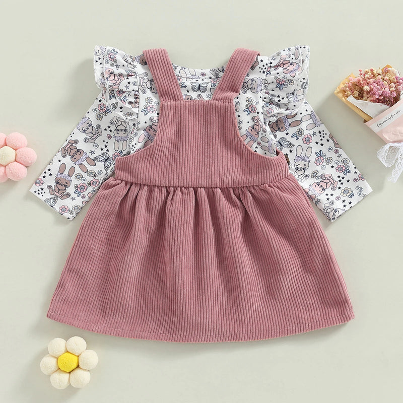 Infant Newborn Baby Girls Dress 2Pcs Set, Long Sleeve Rabbit Flower Print Romper + Heart Patchwork Suspender Dress