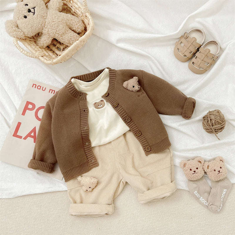 Newborn Baby Girls/Boys Spring and Autumn Knitted Coat Cute Korean O-Neck Travel Cartoon Bear Long Sleeved Fashion Soft Casual