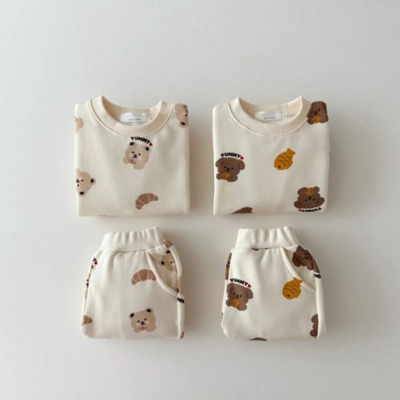 2024 Spring 2PCS Cute Kids Boys Girls Track Suit Cartoon Bear Print Hoodie and Pants Outfit Clothing Girls Sports Set for 1-7Y