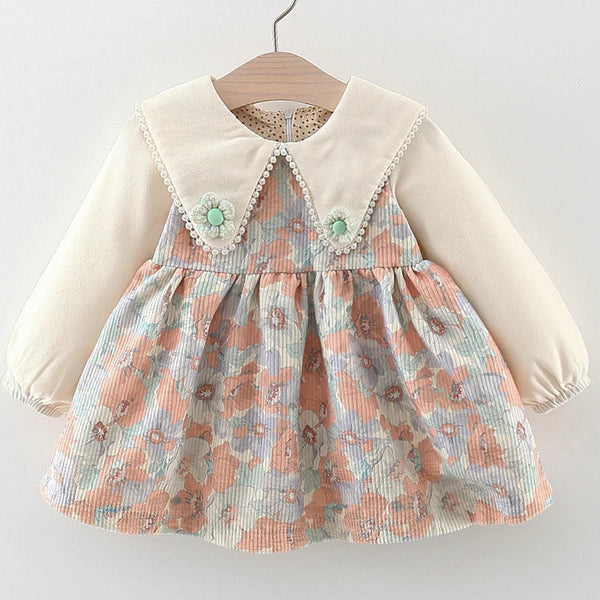 Spring Autumn Newborn Girls Clothes Korean Fashion Doll Collar Flowers Cute Long Sleeve Cotton Baby Dresses Kids Dress BC1473-1