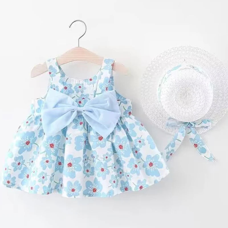 New Girl Floral Dress Sweet Summer Bow Toddler Beach Dress for Children Aged 0 to 3 Newborn Clothing+Hat Set of 2 Pieces