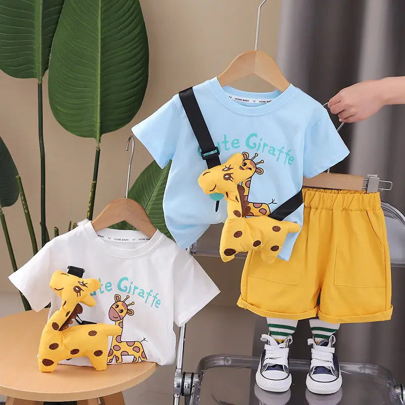 New Boy Summer Newborn Children Clothing 2Pcs/Set Short Sleeve Cartoon T-Shirts Pants with Giraffe Toy Tracksuit Suit 0-5 Years