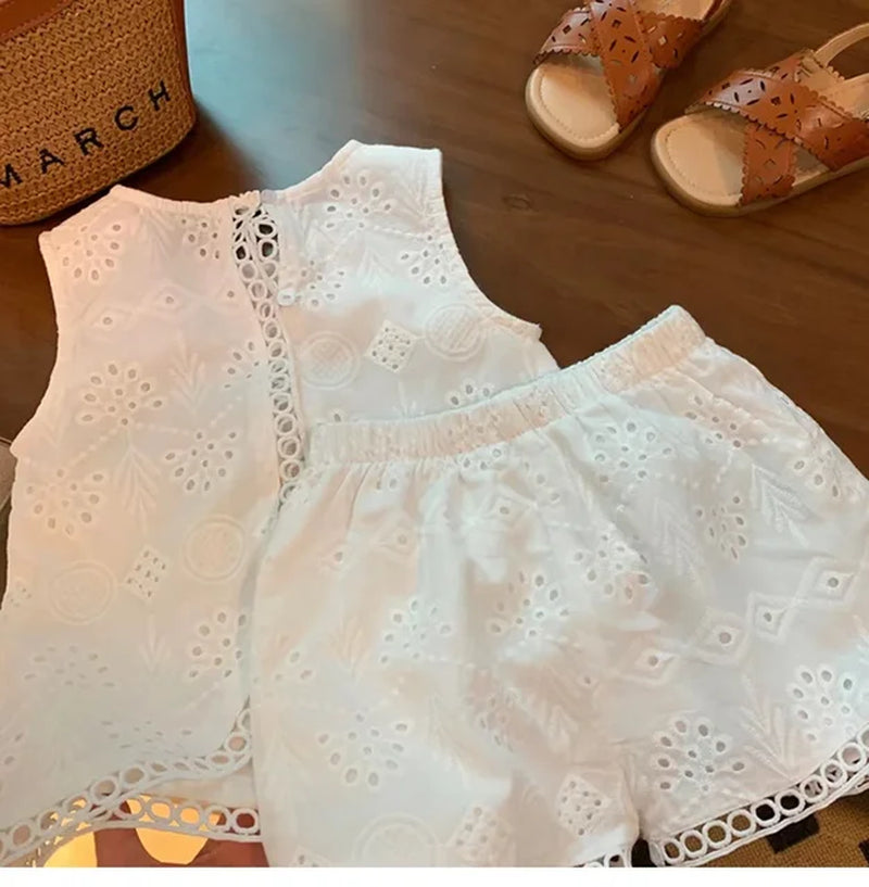 2023 Summer Children Baby Girl 2PC Clothes Set Cotton Hollow Lace Sleeveless Vest Elastic Waist Shorts Suit Toddler Girls Outfit