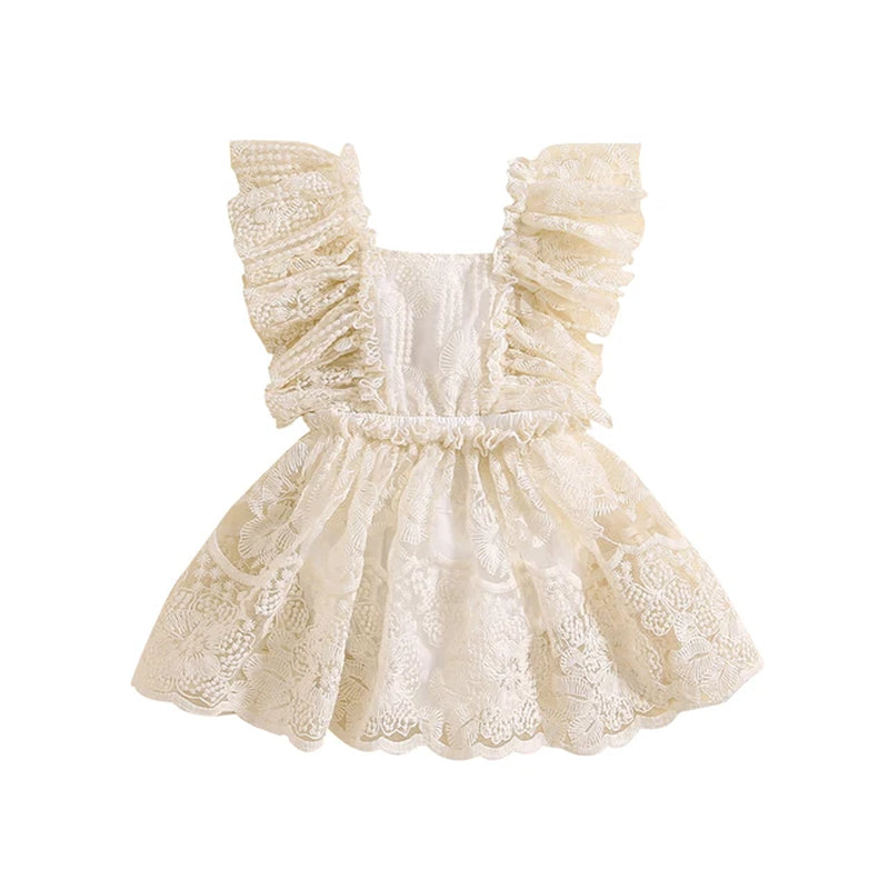 Baby Girls Princess Romper Plain Floral Lace Embroidery Skirt Layered Adjustable Straps Snap Bottom Jumpsuit