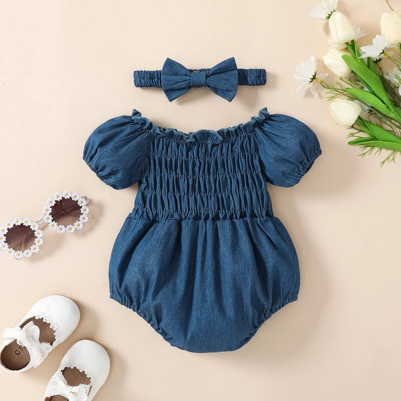 0-18M Infant Baby Girls Denim Romper Summer Short Sleeve off Shoulder Pleated Bodysuits with Headband Fashion Newborn Outfits