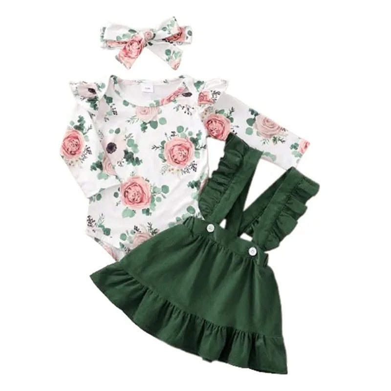 0-12 Months Newborn Baby Girl Clothes Set Flowers Print Long Sleeve Romper Top Suspender Skirt Spring&Autumn Lovely Outfit