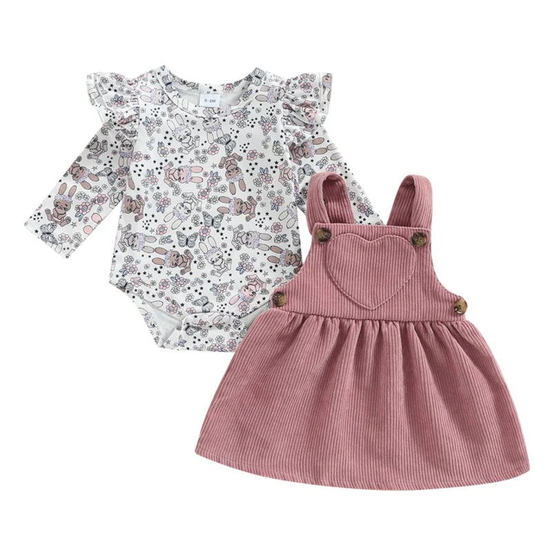 Infant Newborn Baby Girls Dress 2Pcs Set, Long Sleeve Rabbit Flower Print Romper + Heart Patchwork Suspender Dress